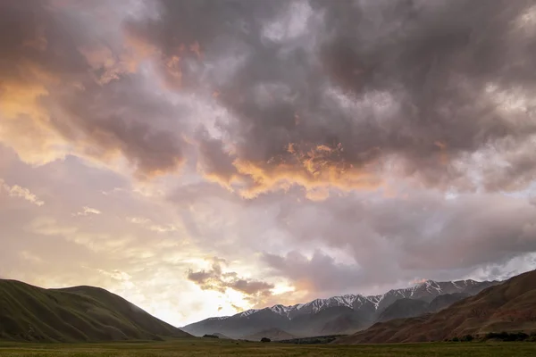 Sunset in the mountains of Tien Shan. Pastures on the background of snow-capped peaks of the mountain range. — Stock Photo, Image