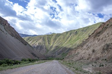 Bulutlu bir gökyüzü arka planda renkli dağlar ve karla kaplı doruklarına giden yol. Traveli Kırgızistan
