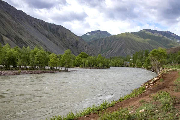 Rivier stroomt tussen schilderachtige heuvels. Bomen langs de oevers. Reizen in Kirgizië — Stockfoto