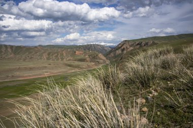 Bulutlu bir gökyüzü ile yeşil tepeler ve dağ zirveleri çim arka plan. Seyahat. Kırgızistan