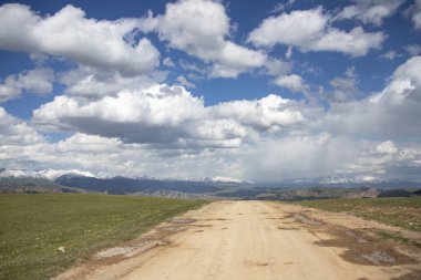 Bulutlu bir gökyüzüne karşı ufukta karlı zirveleri ile dağ sıraları ile mera ile yol.
