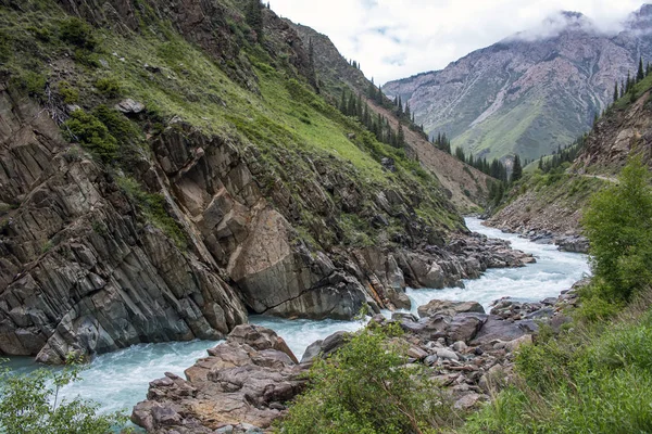 Uitzicht op de rivier de Naryn die door een bergkloof stroomt — Stockfoto