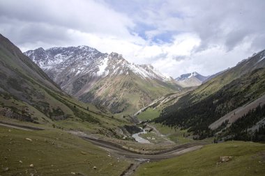 Sarp ormanlarla kaplı tepeler ve karla kaplı zirveler arasındaki vadideki serpantin dağ yolu