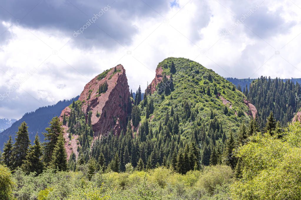 Rock Broken Heart in the Jeti-Oguz gorge Kyrgyzstan is covered with coniferous forest
