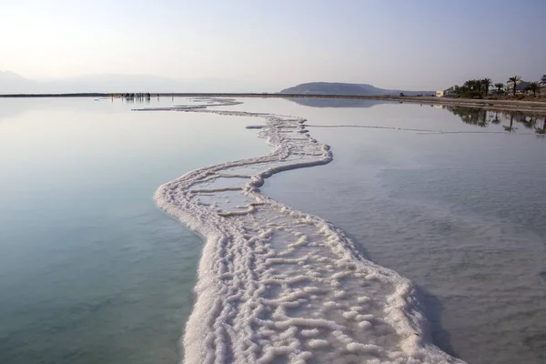 Odbicie gór i palm w wodzie Morza Martwego z formacjami soli — Zdjęcie stockowe