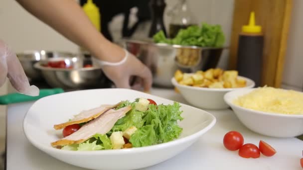 Cook Preparing Salad Kitchen — Stock Video