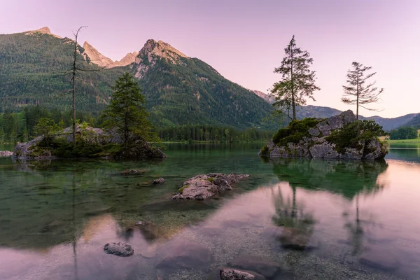 Gyönyörű jelenet fák egy szikla sziget és hegyek naplementekor nyáron, Lake Hintersee Nemzeti Park Berchtesgadener Land, Felső-Bajorország, Németország, Európa Stock Kép