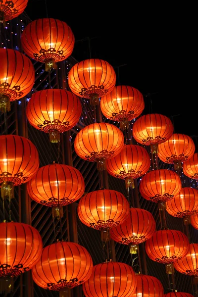 Chinese red lanterns light up at night