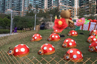 Hong Kong - 3 Mart 2018: Çin fenerleri 3 Mart 2018'de Tung Chung, Hong Kong'da sergileniyor.