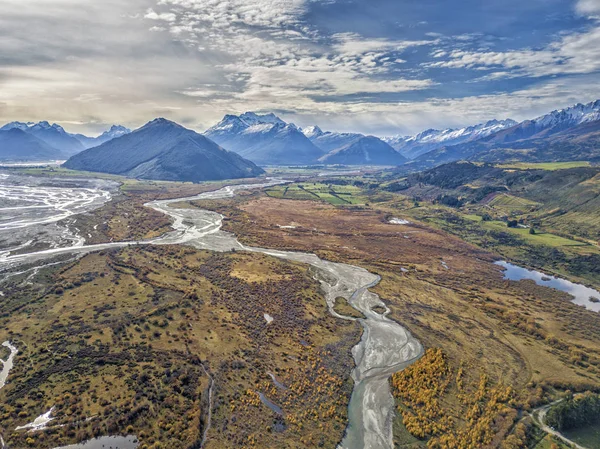 Ptačí Pohled Krásného Podzimu Glenorchy Jižním Ostrově Nového Zélandu — Stock fotografie