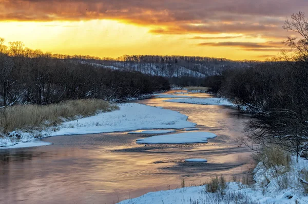 Beau Lever Soleil Dans Pont Otowa Tsuruimura Hokkaido Japon — Photo