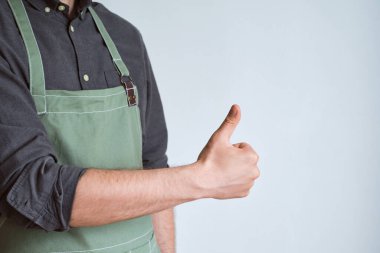 Mutfak önlüklü bir adam. Aşçıbaşı mutfakta çalışıyor. Üniformalı aşçı, koruyucu giysi. Yemek servisinde iş. Profesyonel aşçı. Yeşil kumaş önlük, günlük tarz kıyafetler. İş yerinde poz veren yakışıklı fırıncı