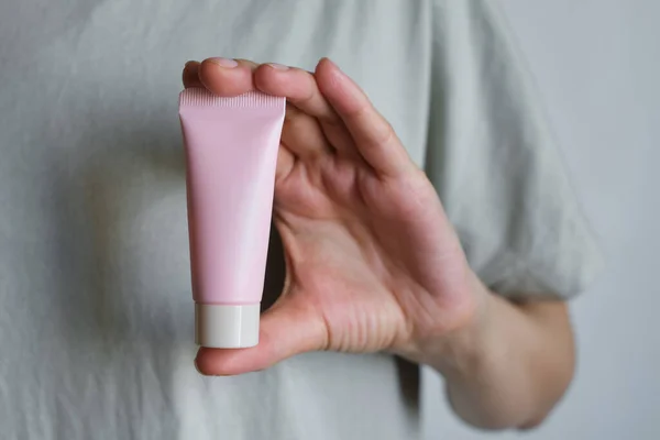 Tube Cream Hands Girl Skin Care Medical Dermatological Cosmetics Hands — Stock Photo, Image