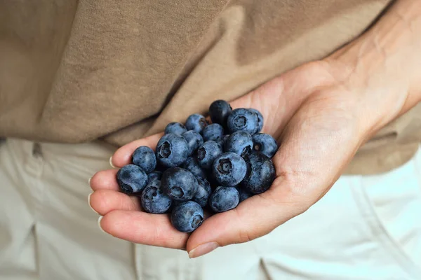 Blueberries in women hands. Natural organic berries. Fresh beautiful blueberry close up. Delicious summer wild berry. Berries for dessert. Healthy lifestyle, vegetarian sweet snack