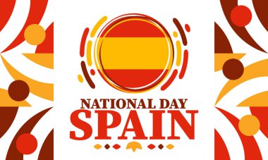 İspanya Ulusal Günü. İspanyol bayrağı. Ulusal mutlu bayramlar, 12 Ekim 'de kutlanan yıllık kutlamalar. İspanyol kökenli. Poster, kart, afiş ve geçmiş. Vektör illüstrasyonu