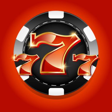 şanslı numaralar 777 kırmızı arka plan üzerinde renkli Casino belirteciyle tasarımını illüstrasyon vektör.