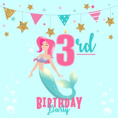Deniz kızı ile 3 Doğum günü partisi davetiyesi için renkli vektör şablon