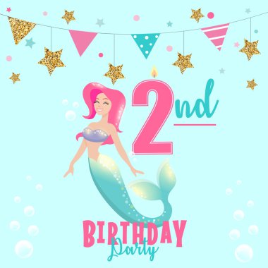 Deniz kızı ile 2 Doğum günü partisi davetiyesi için renkli vektör şablon