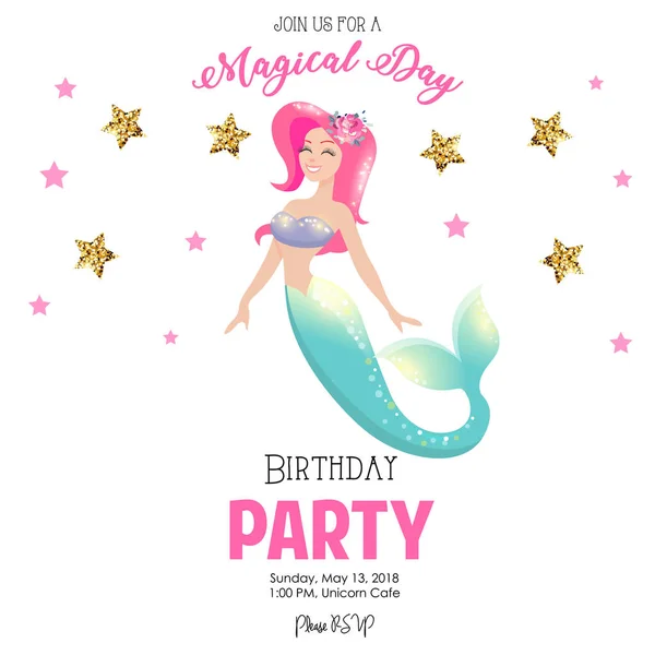 Colorful vector template for Birthday party invitation with mermaid over white background