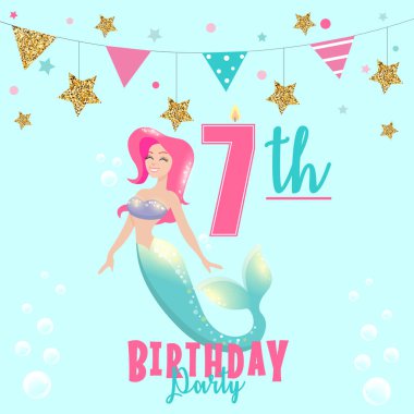 Deniz kızı ile 7 Doğum günü partisi davetiyesi için renkli vektör şablon