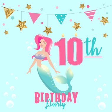 Deniz kızı ile 10 Doğum günü partisi davetiyesi için renkli vektör şablon