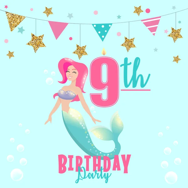 Colorful vector template for 9th Birthday party invitation with mermaid