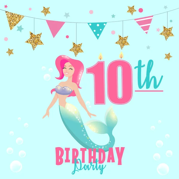 Colorful vector template for 10th Birthday party invitation with mermaid