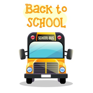 Sarı okul otobüsü okula beyaz izole yazıt ile