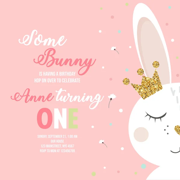 Birthday invitation with cute cartoon bunny on pink