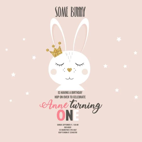 Birthday invitation with cute cartoon bunny on beige