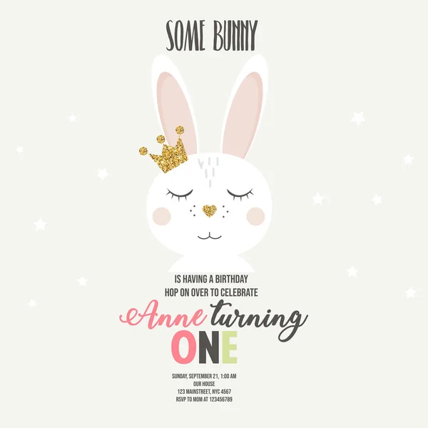 Birthday invitation with cute cartoon bunny on beige