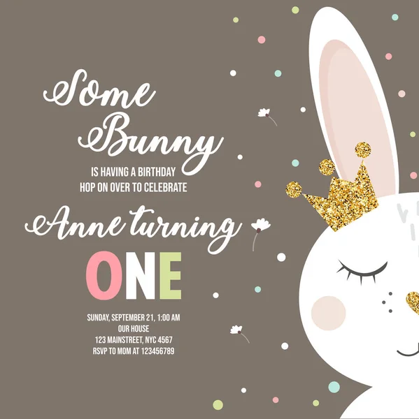 Birthday invitation with cute cartoon bunny on beige