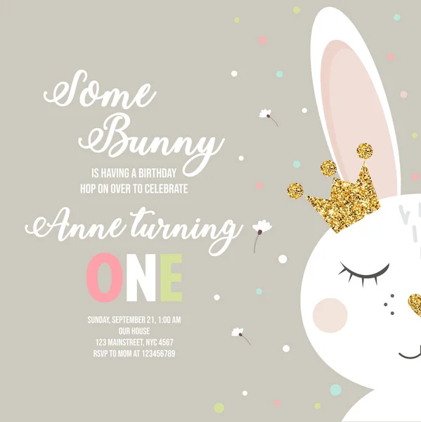 Birthday invitation with cute cartoon bunny on beige