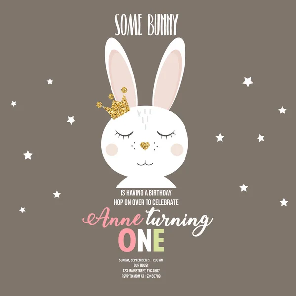 Birthday invitation with cute cartoon bunny on beige