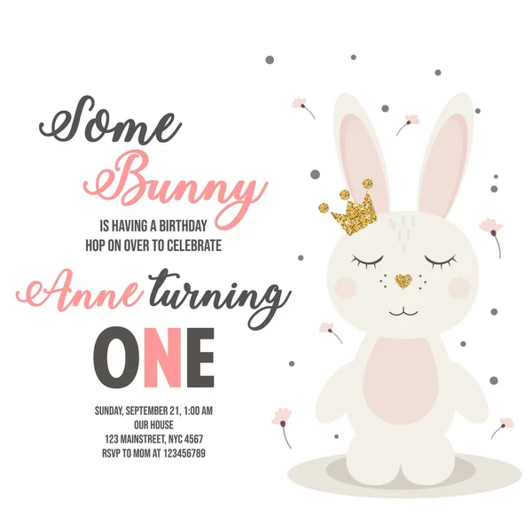 Birthday invitation with cute cartoon bunny on white