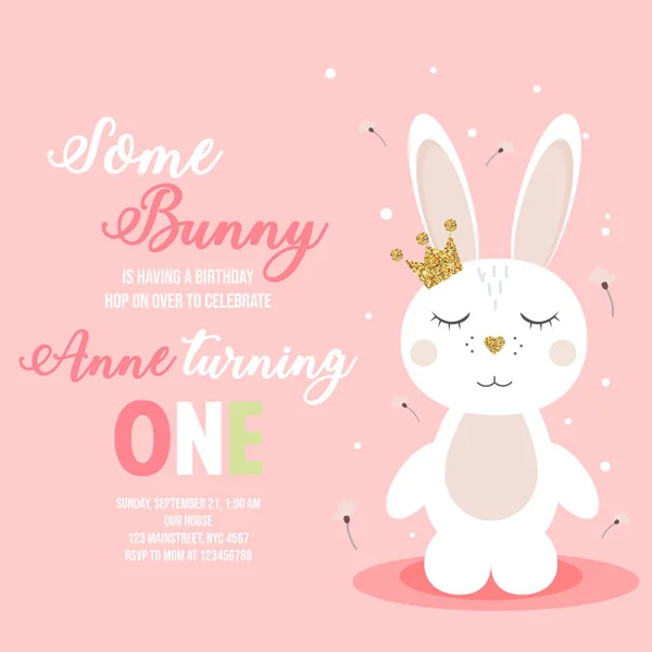 Birthday invitation with cute cartoon bunny on pink