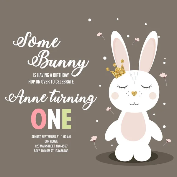 Birthday invitation with cute cartoon bunny on beige
