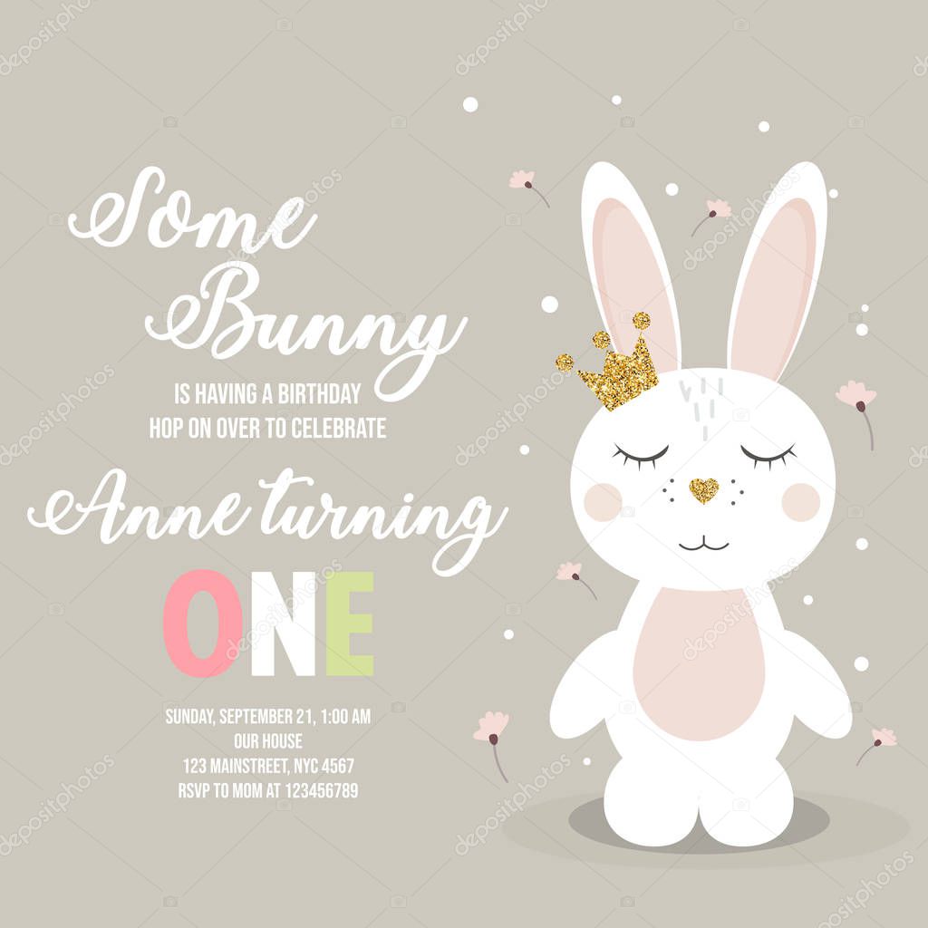 Birthday invitation with cute cartoon bunny on beige