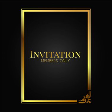 siyah arka plan, vektör çizim, davetiye şablon üzerinde kopya alanı ile parlak altın çerçeve 
