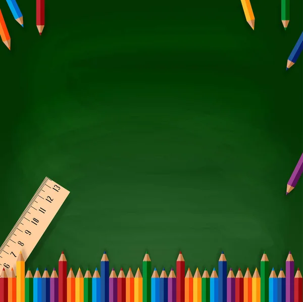 Crayons Colorés Règle Sur Fond Vert Concept Scolaire Illustration Vectorielle — Image vectorielle