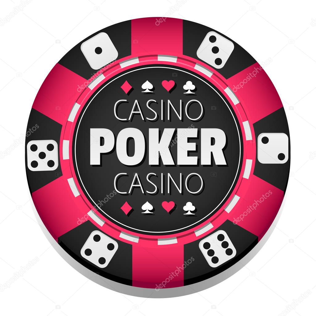 Poker casino logotype template with chip in pink and white colors, isolated on white background, vector illustration