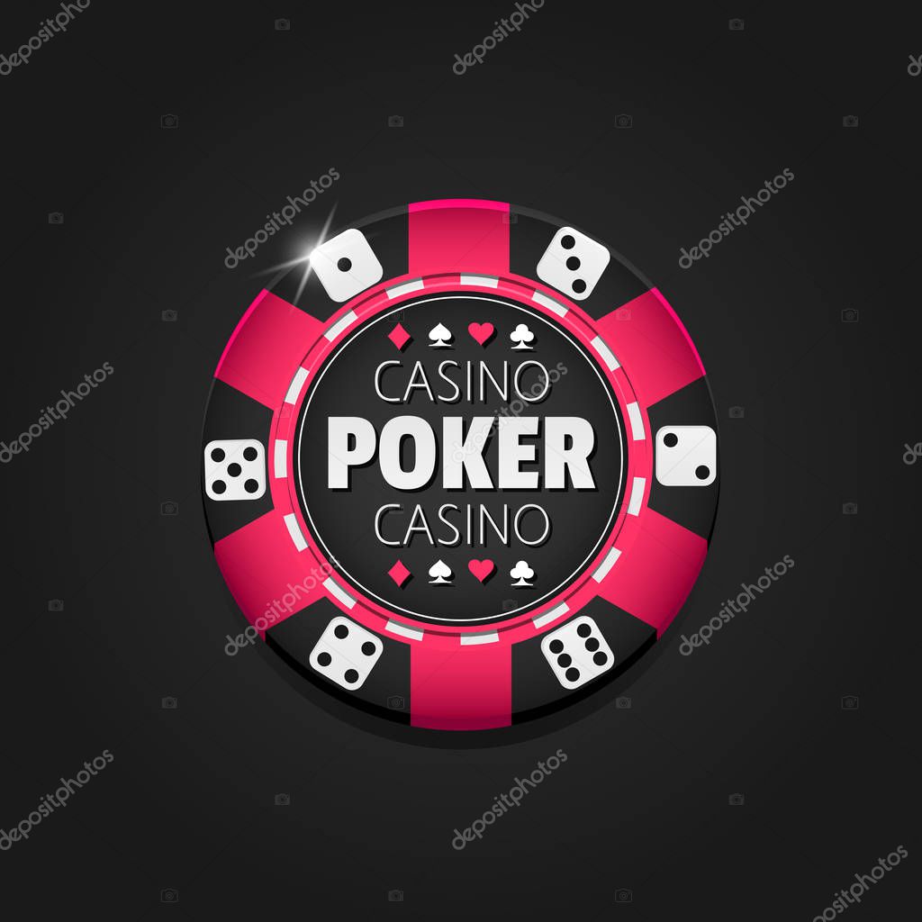 Poker casino logotype template with chip, on black background, vector illustration