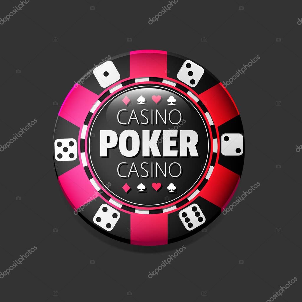 Poker casino logotype template with chip, on black background, vector illustration