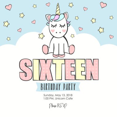 Tek boynuzlu at üzerinde beyaz ve mavi arka plan ile Doğum günü partisi davetiyesi