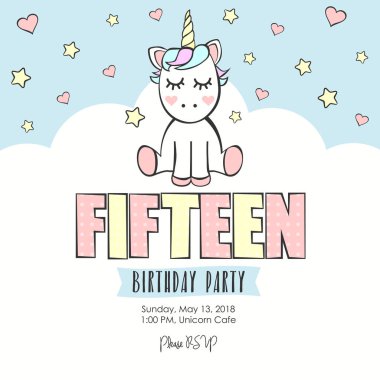 Tek boynuzlu at üzerinde beyaz ve mavi arka plan ile Doğum günü partisi davetiyesi