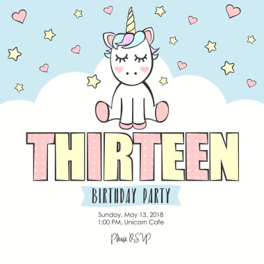 Tek boynuzlu at üzerinde beyaz ve mavi arka plan ile Doğum günü partisi davetiyesi