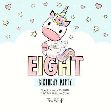 Çiçekli sevimli küçük tek boynuzlu at, tebrik kartı