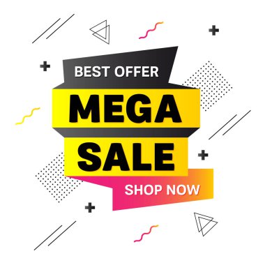 Özel teklif afişi. Memphis tarzı. Mega Satış teklif fiyat işareti. Geometrik sancak. İndirim metni. Degrade şekil rozeti