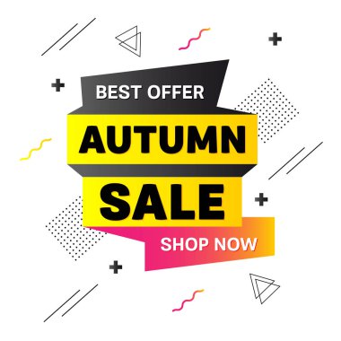 Özel teklif afişi. Memphis tarzı. Sonbahar Satış teklif fiyat işareti. Geometrik sancak. İndirim metni. Degrade şekil rozeti