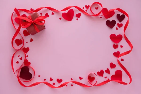 Walentynki Ramki Tle Róży Serca Wstążki Miejsce — Zdjęcie stockowe